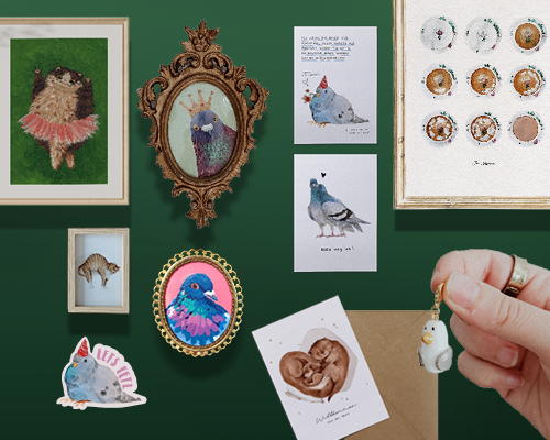 Karachowerke Headerbild mit Kunstdrucken, Originalgemälden, Postkarten und Keramikanhängern